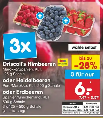 Netto Marken-Discount Driscoll's Himbeeren 125 g Schale oder Heidelbeeren 200g o. oder Erdbeeren 500g 3st Angebot