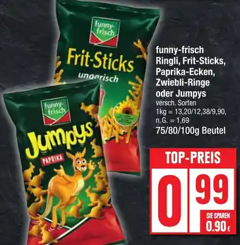 Edeka funny-frisch Ringli, Frit-Sticks, Paprika-Ecken, Zwiebli-Ringe oder Jumpys 75/80/100g Beutel Angebot