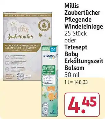 Rossmann Millis Zaubertücher Pflegende Windeleinlage 25 Stück oder Tetesept Baby Erkältungszeit Balsam 30 ml Angebot