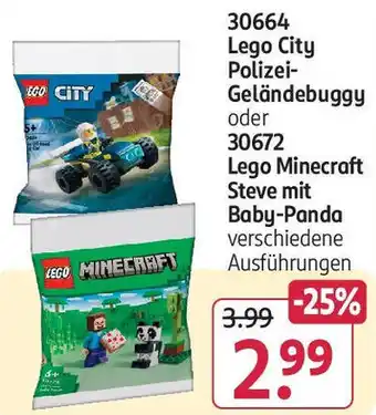 Rossmann 30664 Lego City Polizei Geländebuggy oder 30672 Lego Minecraft Steve mit Baby Panda Angebot