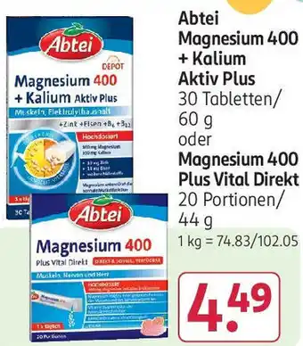 Rossmann Abtei Magnesium 400 + Kalium Aktiv Plus 30 Tabletten/60 g oder Magnesium 400 Plus Vital Direkt 20 Portionen/ 44 g Angebot