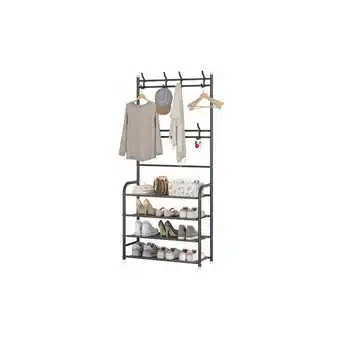 ManoMano Eting - Metallgarderobe mit 4 Schuhregalen, Kleiderständer, Eingangsbereich, Garderobe, 8 Haken, 60 x 26 x 155 cm, schwarz Angebot