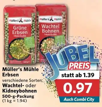 Combi Müller's Mühle Erbsen, Wachtel oder Kidneybohnen 500g Angebot