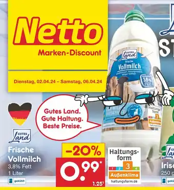 Netto Marken-Discount Frische Vollmilch 3,8% Fett 1 Liter Angebot