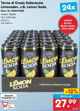 Netto Marken-Discount Terme di Crodo Italienische Limonaden, z.B. Lemon Soda 24 x 0,33 Liter Angebot