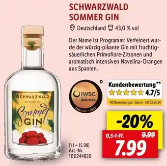 Lidl SCHWARZWALD SOMMER GIN 0,5 L-Fl. Angebot