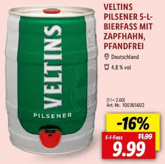 Lidl VELTINS PILSENER 5-L BIERFASS MIT ZAPFHAHN, PFANDFREI 5 L Fass Angebot