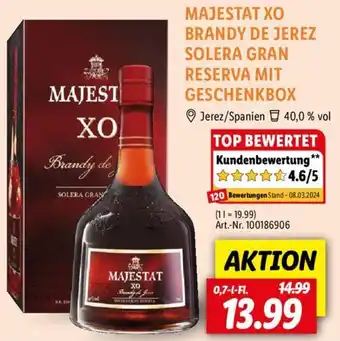 Lidl MAJESTAT XO BRANDY DE JEREZ SOLERA GRAN RESERVA MIT GESCHENKBOX 0,7 L-Fl. Angebot