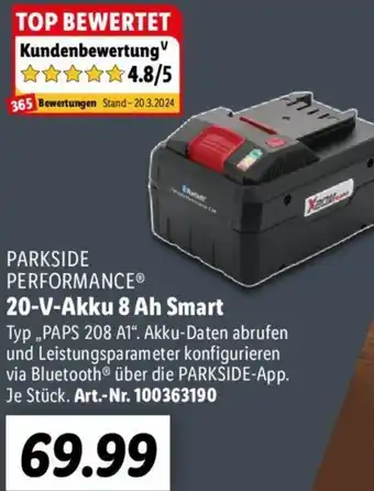 Lidl PARKSIDE PERFORMANCE 20-V-Akku 8 Ah Smart Angebot