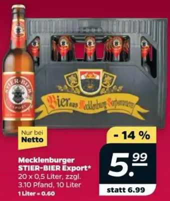 NETTO Mecklenburger STIER-BIER Export 20 x 0,5 Liter Angebot