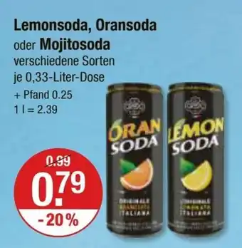 V Markt Lemonsoda, Oransoda oder Mojitosoda verschiedene Sorten je 0,33-Liter-Dose Angebot