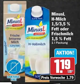 Hit MinusL H-Milch Fett oder Frischmilch 1 l Packung Angebot