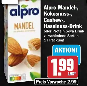 Hit Alpro Mandel-, Kokosnuss-, Cashew-, MANDEL Haselnuss-Drink 1 l Packung Angebot