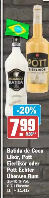 Hit Batida de Coco Likör, Pott Eierlikör oder Pott Echter Übersee Rum 0,7 l Flasche Angebot