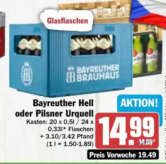 Hit Bayreuther Hell oder Pilsner Urquell 20 x 0,5 l / 24 x 0,33 l Angebot