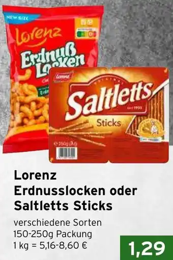 CAP Markt Lorenz Erdnusslocken oder Saltletts Sticks 150-250g Packung Angebot