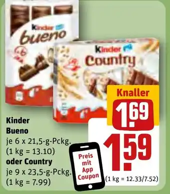 REWE Kinder Bueno 6 x 21,5 g Pckg. oder Country 9 x 23,5 g Pckg. Angebot