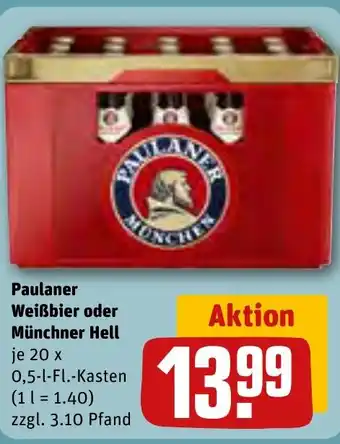 REWE Paulaner Weißbier oder Münchner Hell 20 x 0,5-l-Fl.-Kasten Angebot