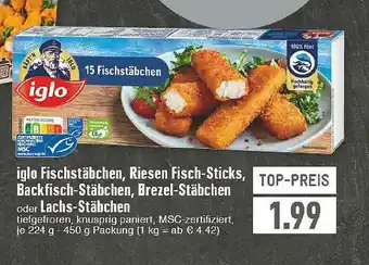 E-Center Iglo Fischstäbchen, Riesen Fisch-sticks, Backfisch-stäbchen, Brezel-stäbchen Ou Lachs-stäbchen Angebot