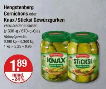 V Markt Hengstenberg Cornichons oder Knax/Sticksi Gewürzgurken verschiedene Sorten je 330-g/670-g-Glas Angebot