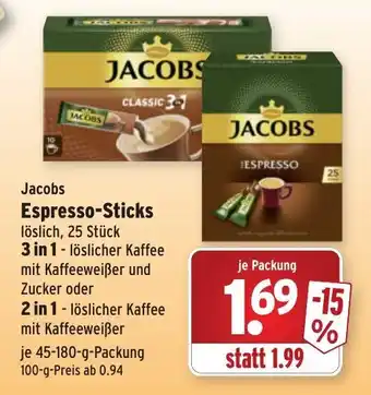 Wasgau Jacobs Espresso Sticks 3in1 oder 2in1, 45-180g Angebot