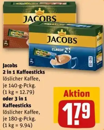 REWE Kaufpark Jacobs 2 in 1 Kaffeesticks 140 g oder 3 in 1 Kaffeesticks 180 g Pckg. Angebot