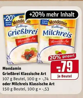 REWE Mondamin Grießbrei Klassische Art Oder Milchreis Klassische Art Angebot