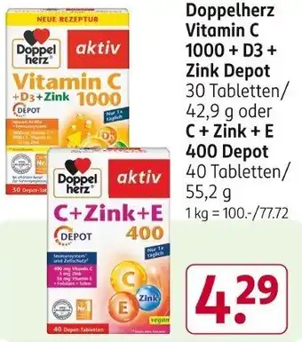 Rossmann Doppelherz Vitamin C 1000+ D3 + Zink Depot oder C + Zink + E 400 Depot Angebot