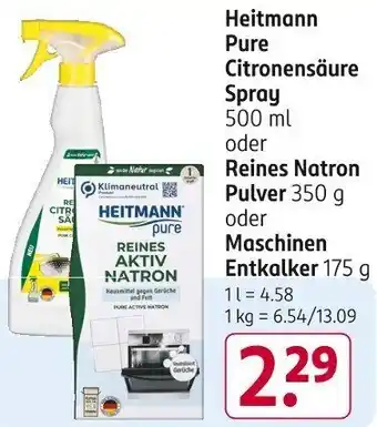 Rossmann Heitmann Pure Citronensäure Spray 500 ml oder Reines Natron Pulver 350 g oder Maschinen Entkalker 175 g Angebot