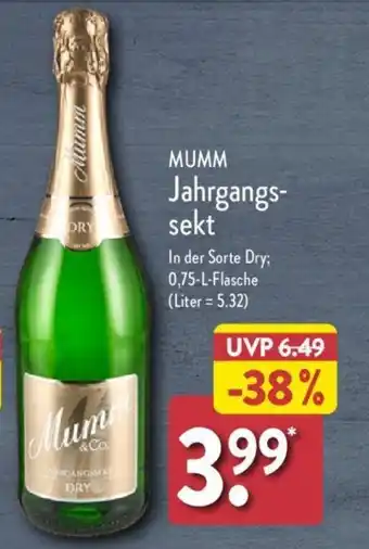 Aldi Nord MUMM Jahrgangs-sekt In der Sorte Dry; 0,75-L-Flasche Angebot