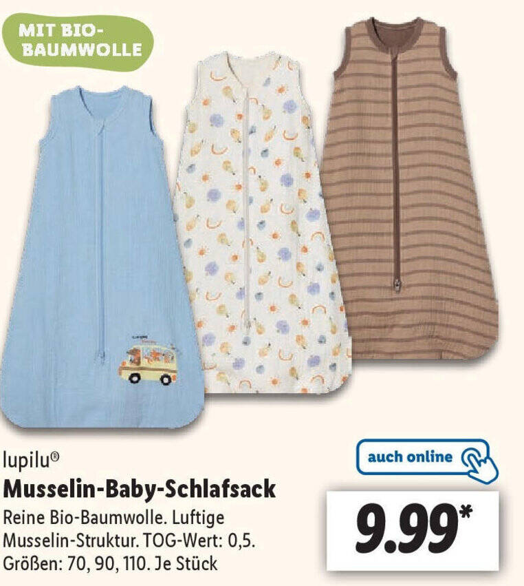 lupilu Musselin-Baby-Schlafsack Gren: 70, 90, 110. Je Stck Angebot bei  Lidl