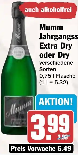 AEZ Mumm Jahrgangssekt Extra Dry oder Dry 0,75 L Flasche Angebot