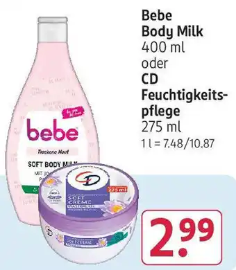 Rossmann Bebe Body Milk 400 ml oder CD Feuchtigkeitspflege 275 ml Angebot