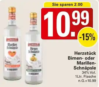 WEZ Herzstück Birnen oder Marillen Schnäpsle 1Ltr. Flasche Angebot