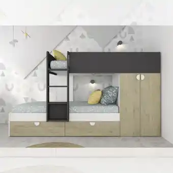 ManoMano Schlafzimmer mit Etagenbett mit Schubladen und Kleiderschrank in Eiche und Anthrazit Angebot