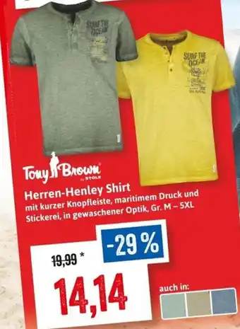 Stolz Tony Brown Herren-Henley Shirt mit kurzer Knopfleiste, maritimem Druck und Stickerei, in gewaschener Optik, Gr. M – 5XL Angebot