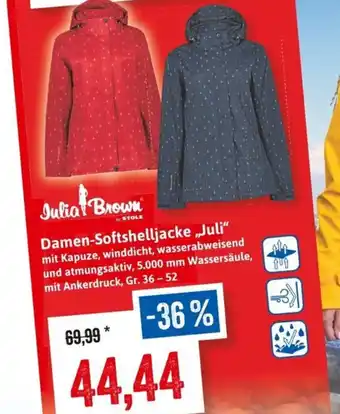 Stolz Julia Brown Damen-Softshelljacke „Juli" mit Kapuze, winddicht, wasserabweisend und atmungsaktiv, mit Ankerdruck, Gr. 36 - 52 Angebot