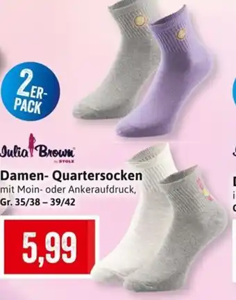 Stolz Julia Brown Damen- Quartersocken mit Moin- oder Ankeraufdruck, Gr. 35/38 - 39/42 2er-PACK Angebot