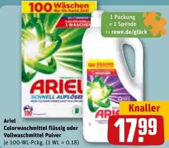 REWE Ariel Colorwaschmittel flüssig oder Vollwaschmittel Pulver 100-WL-Pckg. Angebot