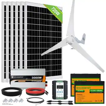 ManoMano 1120W 24V Solaranlage Hybrid Kit mit 400W Windgenerator,6 Stück 120W Mono Solarmodul, 3000W 24V Wechselrichter und 2 Stück 10 Angebot