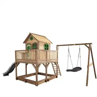 ManoMano Spielhaus Liam mit Sandkasten, Roxy Nestschaukel & grauer Rutsche Stelzenhaus xxl in Braun & Grün aus fsc Holz für Kinder Spi Angebot