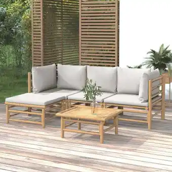 ManoMano 5-tlg. Garten-Lounge-Set Gartenmöbel Set Sitzgruppe Essgruppe mit Hellgrauen Kissen Bambus DE46974 Angebot