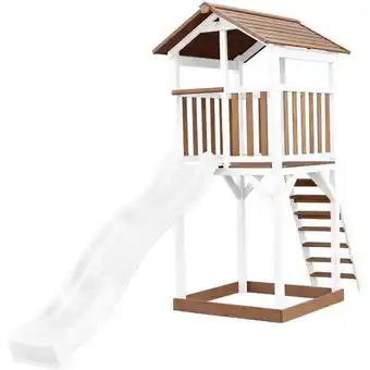 ManoMano Beach Tower Spielturm aus Holz in Braun & Weiß Spielhaus für Kinder mit weißer Rutsche und Sandkasten Stelzenhaus für den Gar Angebot