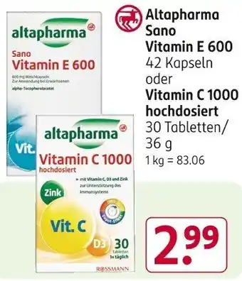 Rossmann Altapharma Sano Vitamin E 600 42 Kapseln oder Vitamin C 1000 hochdosiert Angebot