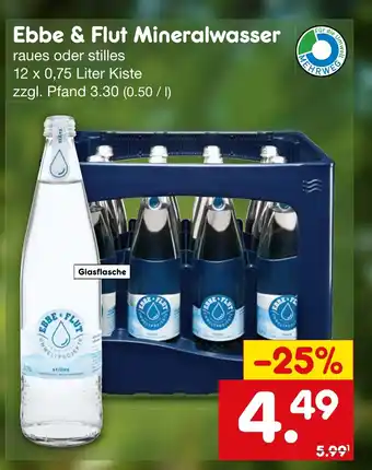 Netto Marken-Discount Ebbe & Flut Mineralwasser raues oder stilles 12 x 0,75 Liter Kiste Angebot