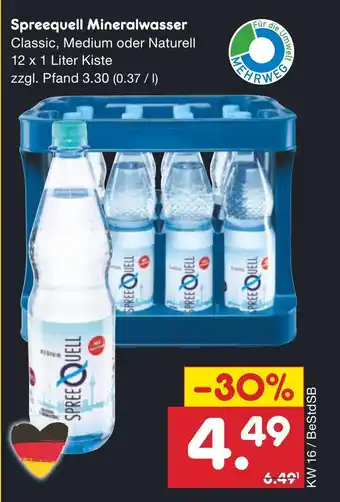 Netto Marken-Discount Spreequell Mineralwasser Classic, Medium oder Naturell 12 x 1 Liter Kiste Angebot