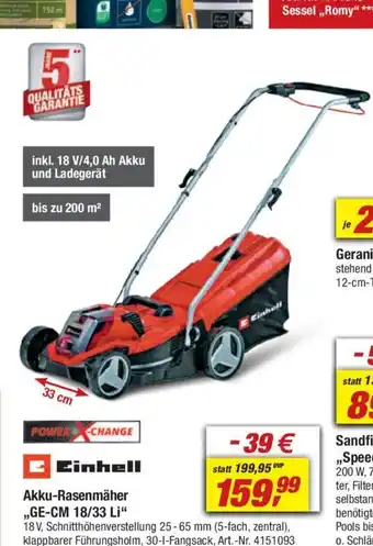 toom Baumarkt Einhell Akku-Rasenmäher ,,GE-CM 18/33 Li" Angebot