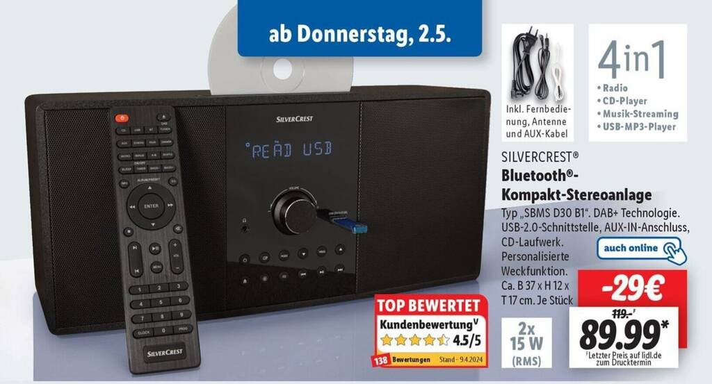 SILVERCREST Bluetooth KompaktStereoanlage Angebot bei Lidl