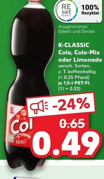 Kaufland K-CLASSIC Cola, Cola-Mix oder Limonade 1,5 l PETFl. Angebot