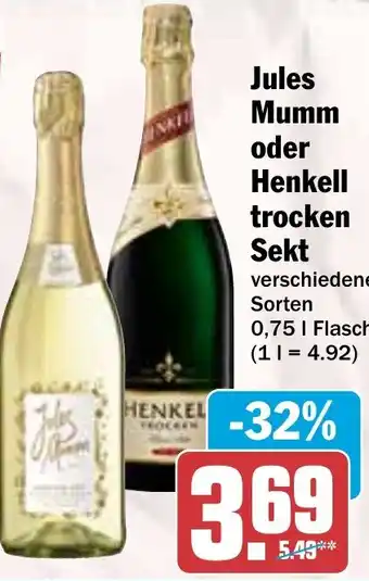 Hit Jules Mumm oder Henkell trocken Sekt 0,75 L Flasche Angebot